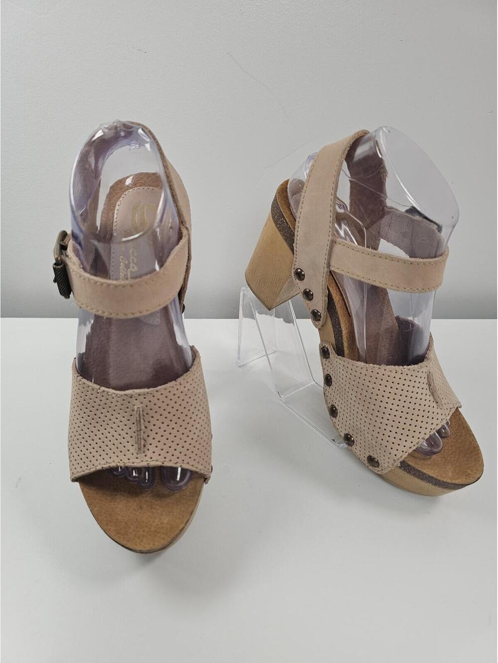 Sbicca Vintage Collection Beige Perforated Ankle Strap Block Heel Sandals